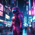 Neon Night Adventures: Futuristic Astronaut in Cyberpunk City, generative AI Royalty Free Stock Photo