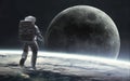 3D illustration of astronaut looks at Moon. Artemis space program. Earth orbit. Elements of image provided by Nasa Royalty Free Stock Photo