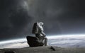 3D illustration of Astronaut sits on the surface of the moon and looks at Earth