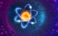 3D illustration of an atom on nanotechnology background