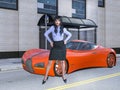 3D Illustration of Attractive Businesswoman with Exotic Car in Big City