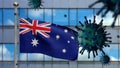 3D illustration Australian flag on modern skyscraper city. Coronavirus outbreak