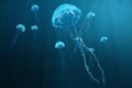 3D illustration background of jellyfish. Jellyfish swims in the ocean sea, light passes through the water, creating the Royalty Free Stock Photo