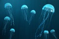 3D illustration background of jellyfish. Jellyfish swims in the ocean sea, light passes through the water, creating the Royalty Free Stock Photo