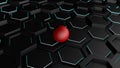 3D illustration of a background of many black hexagons with a thin luminous strip. On hexagons, geometric shapes is a red ball, sp Royalty Free Stock Photo