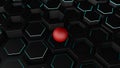 3D illustration of a background of many black hexagons with a thin luminous strip. On hexagons, geometric shapes is a red ball, sp