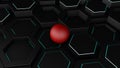 3D illustration of a background of many black hexagons with a thin luminous strip. On hexagons, geometric shapes is a red ball, sp