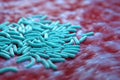 3 d illustration of bacteria in microflora. Blue bacterium on a red surface