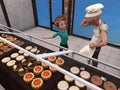 Illustration of a baker trying to help a young boy decide which pastry to buy in a bakery
