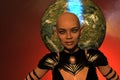 3d illustration of a bald female alien with pointy ears smiling with an exoplanet in the background