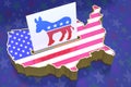 3D Illustration Ballot box in shape of USA map with flag superimposed. Ballot paper containing Democratic party logo in slot. All