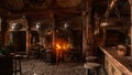 3D illustration of a bar and tables in a medieval tavern or inn, with shields hanging from wooden beams and an open fire burning Royalty Free Stock Photo