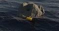 3d illustration, Barrel with radioactive nuclear waste is floating on the ocean in front of a rock rendered