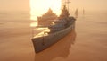 3d illustration of a battleship fleet in the open ocean at sunset Royalty Free Stock Photo