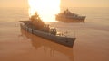 3d illustration of a battleship fleet in the open ocean at sunset Royalty Free Stock Photo