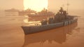 3d illustration of a battleship fleet in the open ocean at sunset Royalty Free Stock Photo
