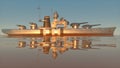 3d illustration of a battleship in the open ocean at sunset Royalty Free Stock Photo