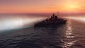 3d illustration of a battleship in the open ocean at sunset Royalty Free Stock Photo