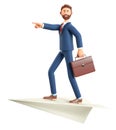 3D illustration of bearded man with briefcase flying on a huge paper airplane. Cartoon businessman pointing forward with hand Royalty Free Stock Photo
