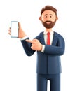 3D illustration of bearded man holding smartphone and showing blank screen. Close up portrait of cartoon smiling businessman Royalty Free Stock Photo