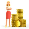 3D illustration of beautiful blonde woman with crossed arms standing next to a huge stack of gold coins.