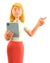3D illustration of beautiful blonde woman holding tablet and pointing finger at direction. Royalty Free Stock Photo