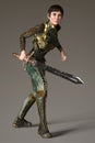 Rendering of beautiful scarred fantasy woman warrior in a fighting pose