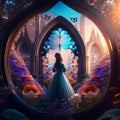 3D illustration of a beautiful girl in a blue dress stands in the middle of a tunnel of flowers and looks into the distance A Royalty Free Stock Photo