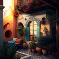 3d illustration of a beautiful terrace with plants and flowers.