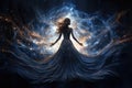 a beautiful woman in a long dress in the space with stars, a soulful concept, fairy tale