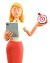 3D illustration of beautiful woman with tablet holding a modern target with a dart in the center, arrow in bullseye. Royalty Free Stock Photo