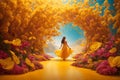 3D illustration of a beautiful young woman in a yellow dress standing in a tunnel of flowers Royalty Free Stock Photo