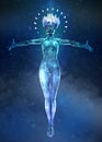 3d illustration of beautyful ice woman with glowing crystal crown and small crystals on the body Floating in the air Royalty Free Stock Photo