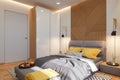 3d illustration, bedroom interior design concept. Visualization of the interior in the Scandinavian architectural style