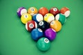3D illustration Billiard balls arranged in a triangle viewed from above, top view. Snooker, Pool game, Billiard concept