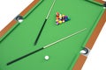 3D illustration Billiard balls on green table with billiard cue, Snooker, Pool game, Billiard concept