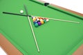 3D illustration Billiard balls on green table with billiard cue, Snooker, Pool game. Billiard concept Royalty Free Stock Photo