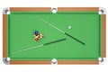 3D illustration Billiard balls on green table with billiard cue, Snooker, Pool game, Billiard concept. Top view