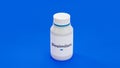 Biosimilars pharmaceutical drug bottle on blue background. A safe biological drug that work like biologic medicine. 3d