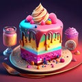 3d illustration of a birthday cake on a purple background. 3d rendering generative AI dessert ai