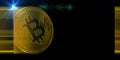 3D illustration of bitcoin render on black background with blue star. Abstract banner blockchain technology for cryptocurrency.
