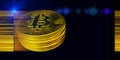 3D illustration of bitcoin render on black background with star shine. Abstract banner blockchain technology for cryptocurrency