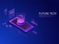 3D illustration of Bitcoin Server on Smartphone Display and Infographic Multiple Screen on Circuit Blue Background for Future