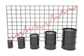 3d illustration: Black barrels of oil graph chart stock market with red line arrow on a grid. Petroleum business, black gold, ga Royalty Free Stock Photo