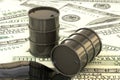 3d illustration: Black barrels of oil lie on the background of dollar money. Petroleum business, black gold, gasoline production, Royalty Free Stock Photo