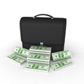 3D illustration of a black briefcase with stacks of cash around