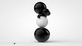 3D illustration of black deformed balls around white ball, isolated image on white background. Unusual figures, abstraction. 3D