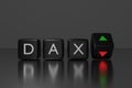 3d illustration of black dices with the word DAX on it, up and down arrows, conceptual image for stock exchange