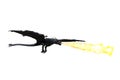 3D illustration of a black dragon or wyvern flying and breathing fire isolated on a white background