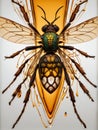 3d illustration of a black wasp in a golden frame with pearls